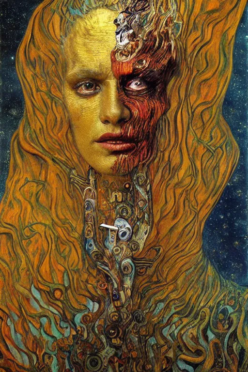 Image similar to Visions of Hell by Karol Bak, Jean Deville, Gustav Klimt, and Vincent Van Gogh, nightmare portrait, infernal, visionary, otherworldly, fractal structures, ornate gilded medieval icon, third eye, hellfire, stygian, spirals