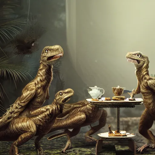 Image similar to velociraptors having a fancy tea party, photorealistic, high resolution, vray, hdr, hyper detailed, insane details, intricate, elite, ornate, elegant, luxury, dramatic lighting, octane render, weta digital, micro details, 3 d sculpture