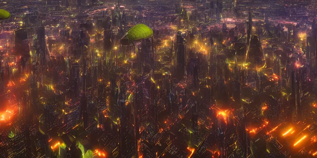 Image similar to big futuristic city like coruscant, with a yellow green smog sky, cinematic lighting, power plants with smoke, factories, tall metal towers, flying metal orbs with red lights, flying vehicles, a big moon in the sky, one blimp in the distance, hd 4k photo