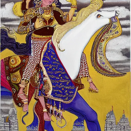 Prompt: Kalki rides a white horse above London, painted by David Tibet