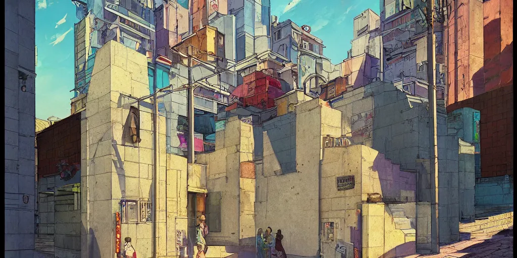 Image similar to neo brutralism, concrete housing, an archway, pathways, concept art, colorful, vivid colors, sunshine, light, shadows, reflections, oilpainting, cinematic, 3D, in the style of Akihiko Yoshida and Edward Hopper