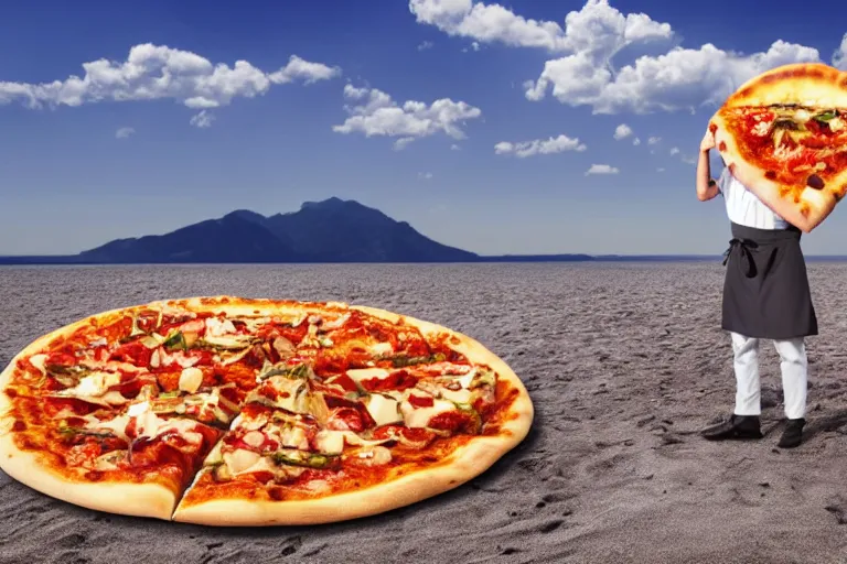 Image similar to italian chef yells at a pinnaple pizza on the table on pizza hut, beach background, mountains background, 8k, high detailed, high resolution