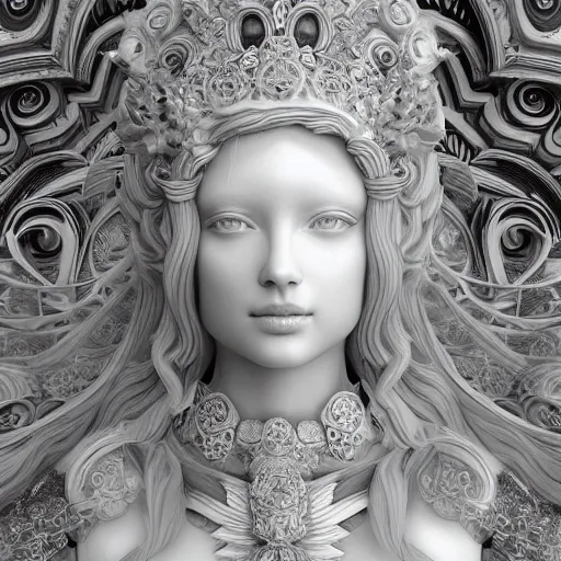 Image similar to wonderful princess made of marble, beautiful face, hyper detailed, flowing psychadelic background intricate and detailed, ornate 8 k gorgeous intricate detailed, octane render, black and white