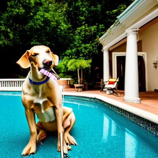 Image similar to a very detailed photo of a dog smoking a cigar outside the mansion by the pool