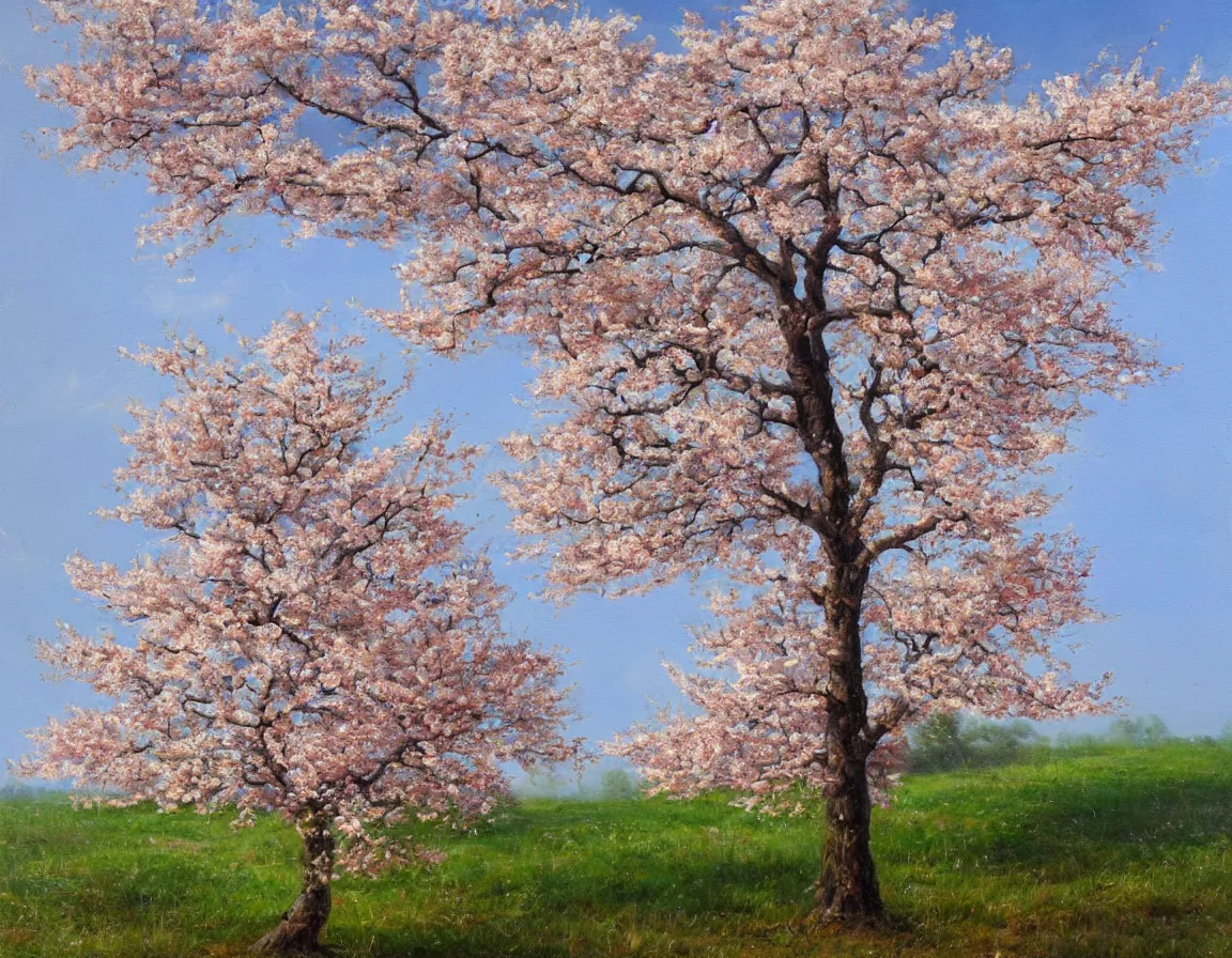 Prompt: hyper realistic oil painting of lonely fruit tree in blossom, hd, hdr, by stanisław wyspianski, ultra detailed, high resolution