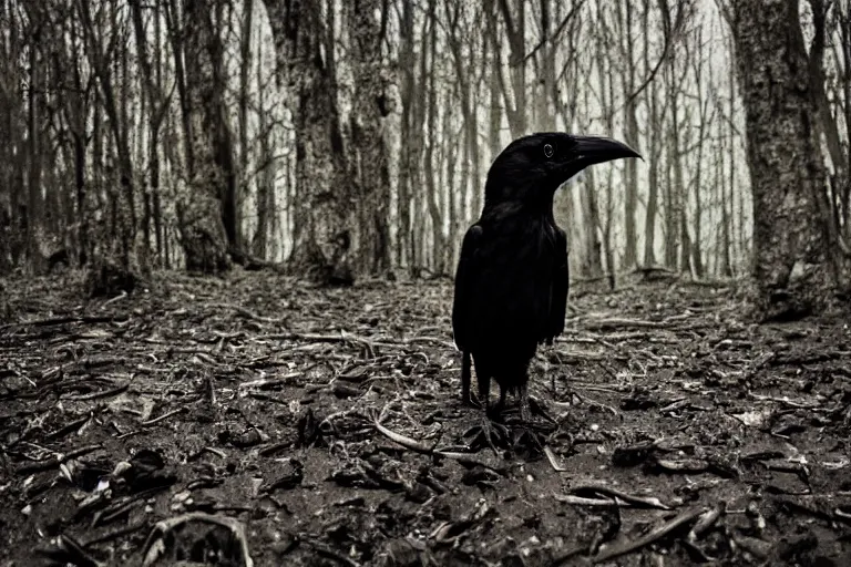 Image similar to human mixed with a crow, photograph captured in a dark forest