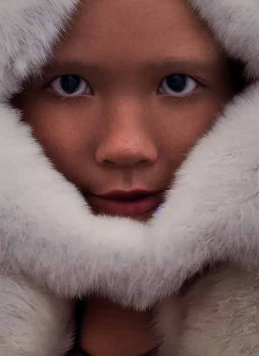 Image similar to closeup portrait of an eskimo girl, depth of field, zeiss lens, detailed, symmetrical, centered, fashion photoshoot, by Annie Leibovitz and Steve McCurry, David Lazar, Jimmy Nelsson, Breathtaking, 8k resolution, extremely detailed, beautiful, establishing shot, artistic, hyperrealistic, beautiful face, octane render