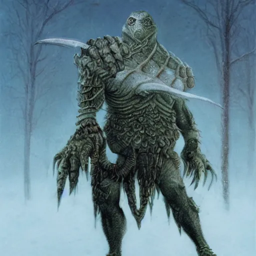 Image similar to anthropomorphic turtle barbarian humanoid, carapace, wayne barlowe, blizzard, winter, night, furs, fantasy