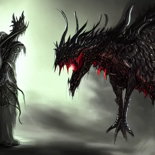 Image similar to Detailed concept art of a wizard with dragon head as a dark souls boss; fantasy