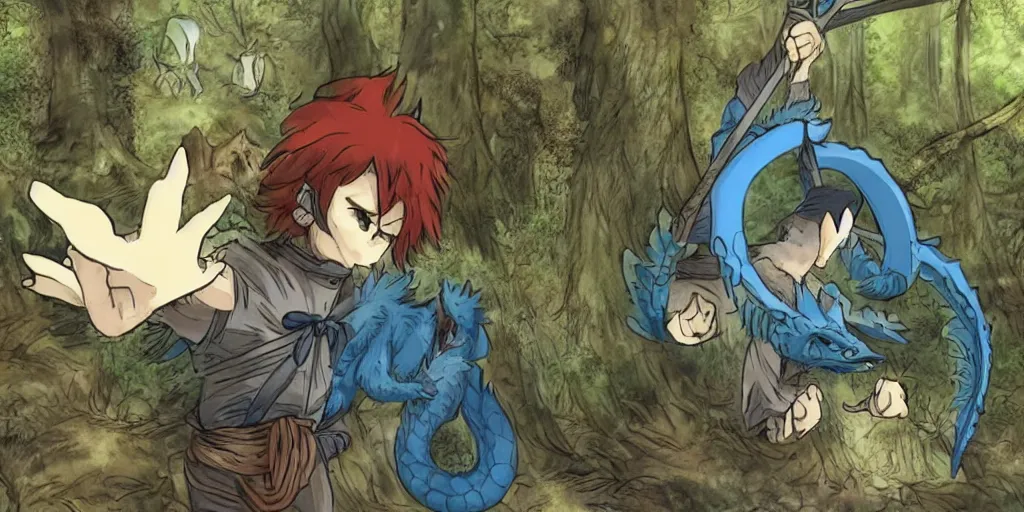 Prompt: Eragon is in the forest with his bow on his back, he finds a blue dragon egg, anime style