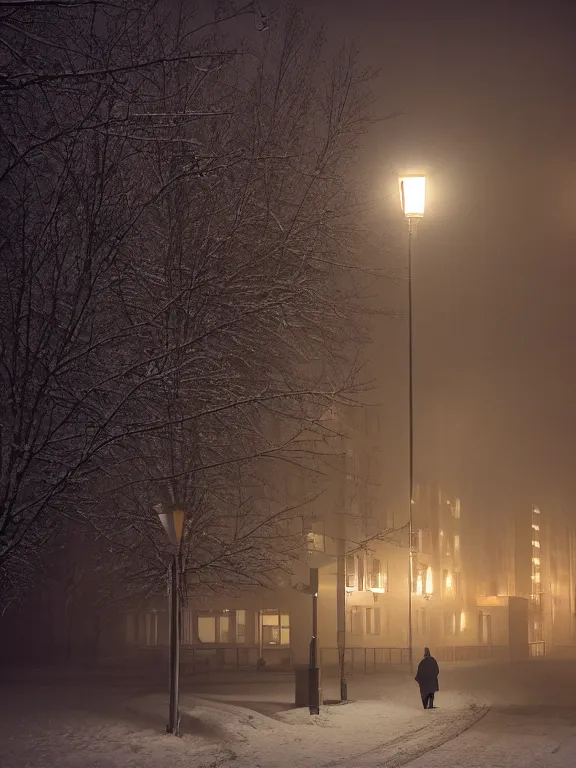 Image similar to beautiful film still of a residential block building in russian suburbs, low, lights are on in the windows, dark night, post - soviet courtyard, cozy and peaceful atmosphere, fog, cold winter, snowing, streetlamps with orange volumetric light, several birches nearby, elderly man stand at the entrance to the building