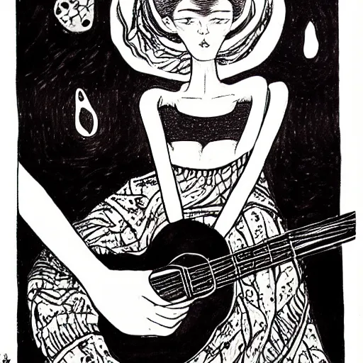 Image similar to black white purple painting on black paper, folkloric illustration , the guitar player , tarot by junji ito