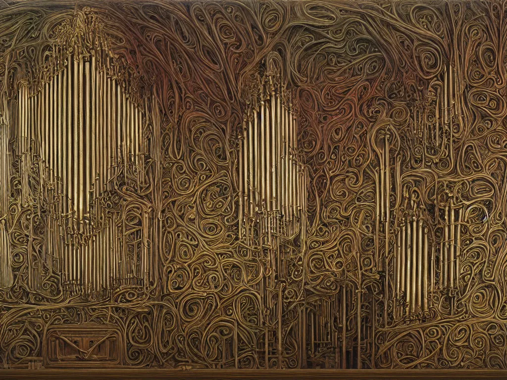 Prompt: an organic church organ, highly detailed, painted by Zdzisław Beksiński,