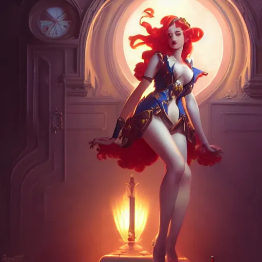 Image similar to of Miss Fortune from League of Legends, dark fantasy, medium shot, intricate, ornate, elegant, highly detailed, digital painting, volumetric light, artstation, concept art, smooth, sharp focus, illustration, art by Gil elvgren and charlie bowater and greg rutkowski and alphonse mucha