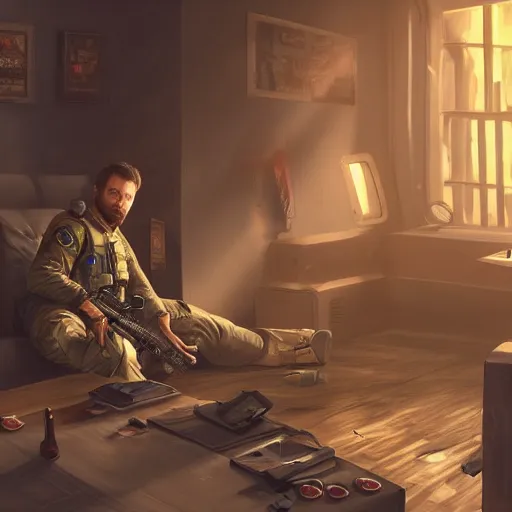 Prompt: realistic man in a gaming room playing pc games as a soldier reaches out of the screen and takes him in, artstation trends, sci fi concept art, highly detailed, intricate, sharp focus, 8 k, digital art