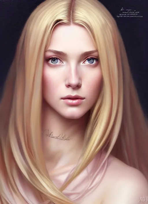 Prompt: face of feminine perfection!! concept art portrait of young wife blessed by god to uncontrollably become overwhelmingly perfect, blonde, symmetrical! intricate, sensual features, highly detailed, biblical!! holy perfection!! digital painting, artstation, smooth, sharp focus, illustration, art by artgerm and greg rutkowski and alphonse mucha