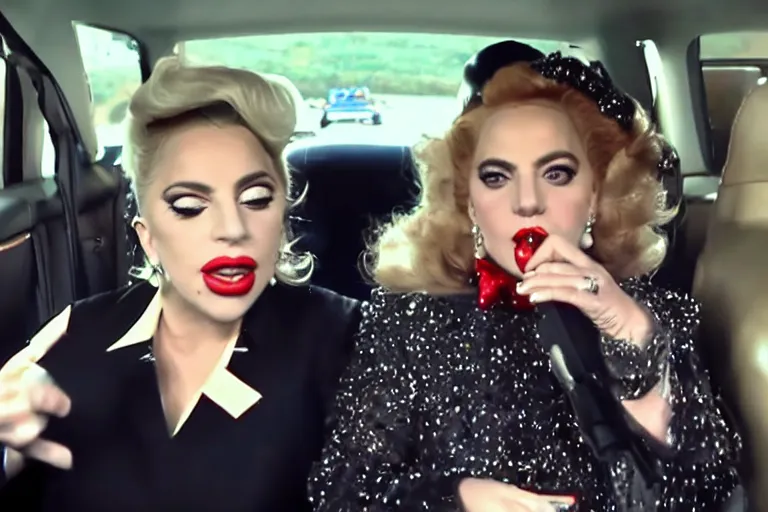 Image similar to lady gaga and judy garland doing carpool karaoke, lady gaga and judy garland, carpool karaoke, lady gaga, judy garland, carpool karaoke, youtube video screenshot, the late late show with james corden