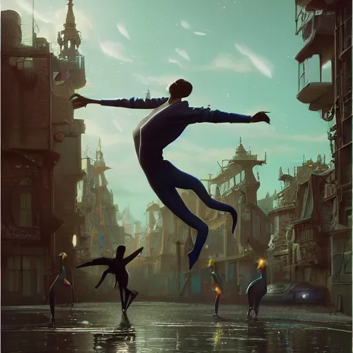 Image similar to highly detailed surreal vfx, 3 d mannequins dancing, happy energy, stephen bliss, unreal engine, greg rutkowski, loish, rhads, beeple, makoto shinkai and lois van baarle, ilya kuvshinov, rossdraws, tom bagshaw, global illumination, detailed and intricate environment