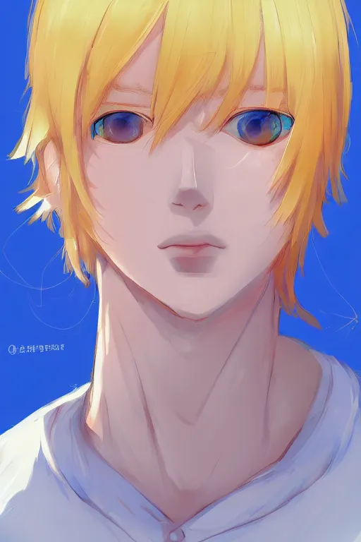 Image similar to A boy with blonde hair and blue eyes, beautiful, anime, NFT art, high art, artstation, digital art