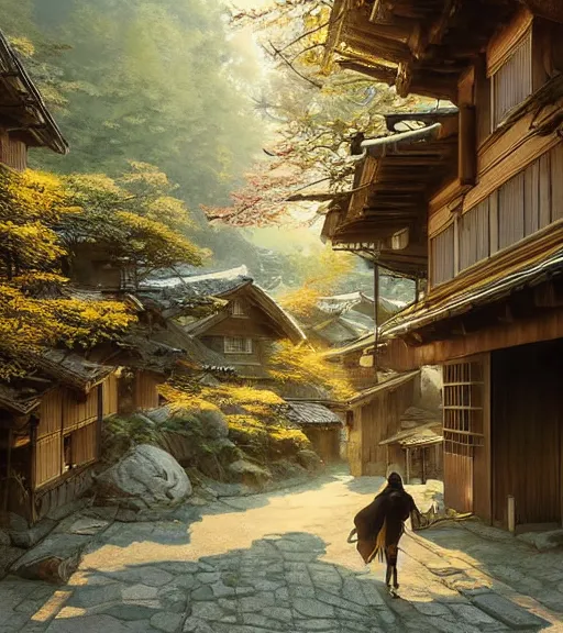 Image similar to walking around rural shirakawa - go, gifu, japan. volumetric lighting, spring late morning, nice slight overcast weather, realistic illustration, perfectly shaded, soft painting, low angle, art by krenz cushart and wenjun lin