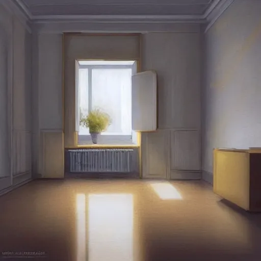 Image similar to cream - colored studio, vanilla - colored lighting, soft golden light, marble studio, marble floor, yellow lighting, bare room, empty room, studio room, art room, window to night time, night time, warm lighting inside, art by artgerm