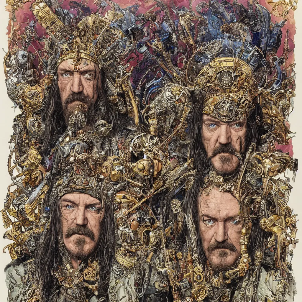 Image similar to A dramatic full-color art nouveau and tribal scandinavian styled bust panorama portrait of lemmy kilmister as a tarnished panzer tank ship god-king of the universe, hyperdetailed mixed media artwork combining the styles of Travis Charest, Michael Whelan, Bill Sienkiewicz, Duncan Fegredo, Simon Bisley, Alphons Mucha, Dave McKean and Karol Bak, vast power, stoicism, pessimism, confidence, perfectly symmetrical facial features, 8k, deeply hyperdetailed, cinematic lighting, realistic mechanical details, 8k, UHD, HDR