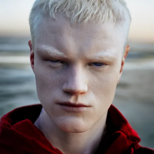 Image similar to color portrait of an albino male model by emmanuel lubezki