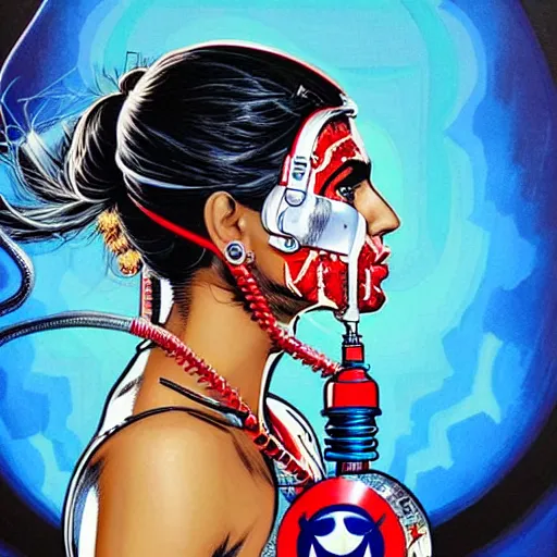 Image similar to a profile photo of a pakistaniwoman with a diving oxygen mask with side profile blood in ocean intricate details by MARVEL comics and Sandra Chevrier-C