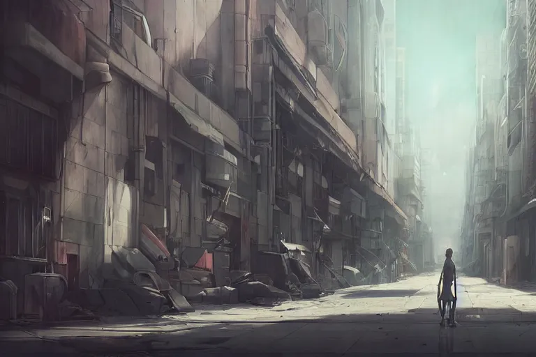 Prompt: dystopian empty street, by wlop, poster, anime key visual,