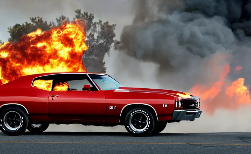 Prompt: a black 1 9 7 0 chevrolet chevelle ss driving i high speed, fire explosion in the background, action scen