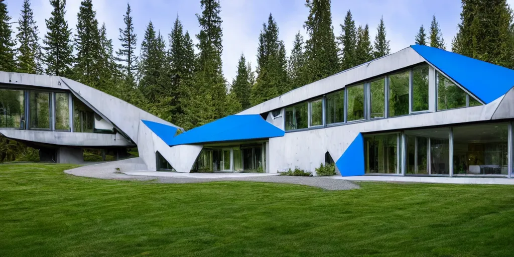 Image similar to large futuristic Washington state residence, large windows, concrete, triangular elements, blue and white and green metal