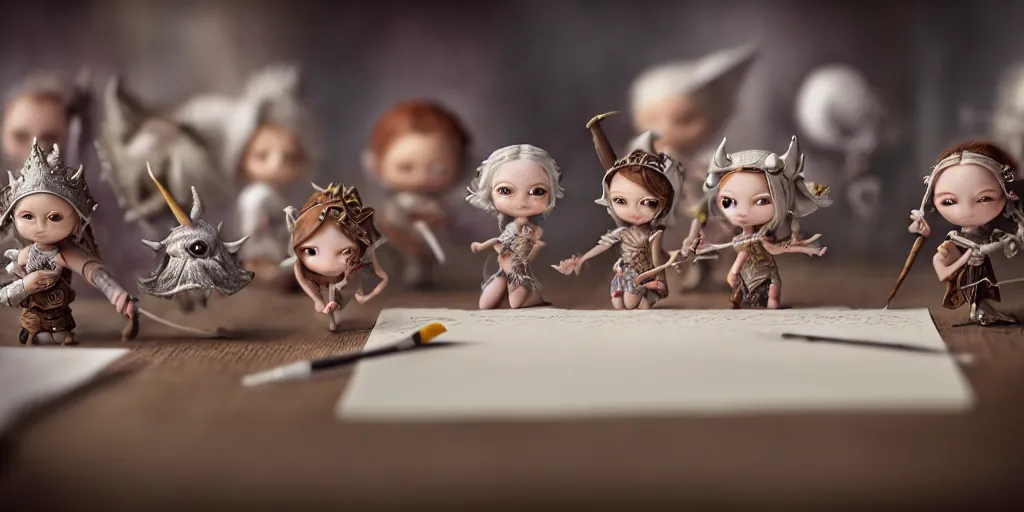 Image similar to closeup portrait of tiny d & d minis on white paper table in an artist workshop, depth of field, zeiss lens, detailed, centered, fashion photoshoot, by nicoletta ceccoli, mark ryden, lostfish, breathtaking, 8 k resolution, extremely detailed, beautiful, establishing shot, artistic, hyperrealistic, octane render