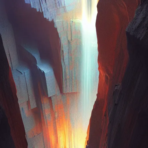 Prompt: falling water light is mine to travel,beyond time ,the cathedrals in a canyon grotto of life the beginning , geological strata,ground mist, by Sparth and Greg Rutkowski, hypermaximalist,micro details, 3d sculpture,,digital rendering,octane render , 4k, artstation, concept art , f22,deep depth of field,photographic, wide angle,cinematic lighting
