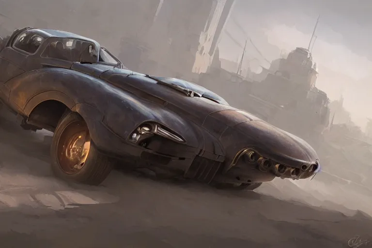 Image similar to dieselpunk sports car, highly detailed, digital painting, artstation, concept art, sharp focus, illustration, art by raphael lacoste and greg rutkowski