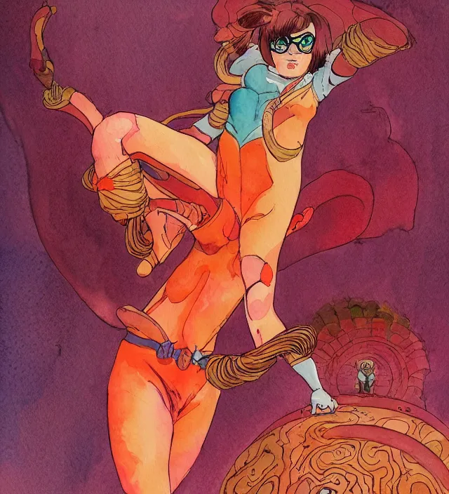 Image similar to a 3 / 4 view watercolor ink painting of velma as a god of destruction in the style of jean giraud in the style of moebius trending on artstation deviantart pinterest detailed realistic hd 8 k high resolution