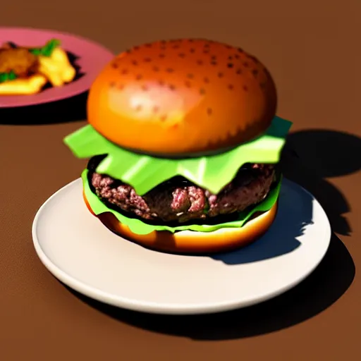 Image similar to a burger in the shape of a cat, with fries, volumetric lighting, 4 k