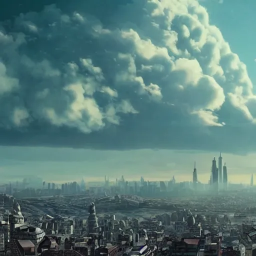 Image similar to Beautiful cinematic scene of a gigantic tower watching over a city, on top of a mountain, epic, megalophobia, cinematic lighting, insanely detailed, directed by Denis Villeneuve and Wes Anderson, filmic