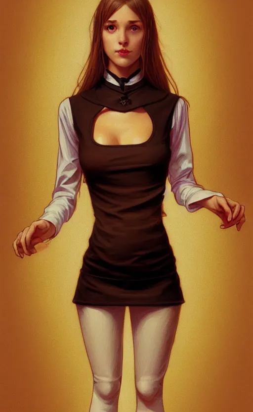 Image similar to portrait of a full body of beautiful young female secretary, d & d, sleeveless turtleneck, pencil miniskirt, fantasy, flat lighting, intricate, highly detailed, digital painting, artstation, concept art, smooth, sharp focus, illustration, art by simon bisley and greg rutkowski and alphonse mucha, natural tpose