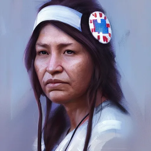 Image similar to Portrait of a Native American woman as a modern nurse in a hospital, digital art by Ruan Jia and Mandy Jurgens and Artgerm, highly detailed, trending on artstation, award winning,