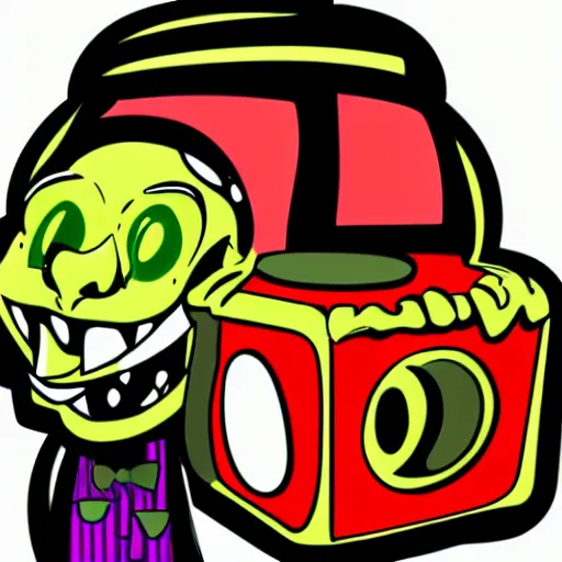 Prompt: pop - wonder - nft rat - fink half - tone - art of a demon listening to giant headphones about the castle side delights on a melted cheesy day in a hand - drawn vector, svg, cult - classic - comic - style