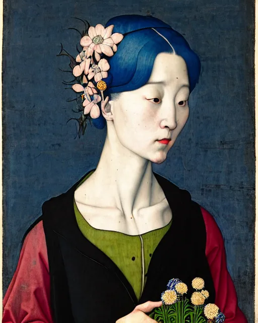 Image similar to portrait of a woman with blue hair buns, wearing a black suit, walking in a street full of plants, flowers and people, intricate details, high detail, in the style of rogier van der weyden and jacopo da pontormo, punk, asian art, masterpiece