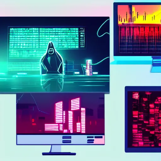 Prompt: hacker coding in front of a dozen screens, synthwave, concept art, digital illustration, highly detailed, 8 k wallpaper