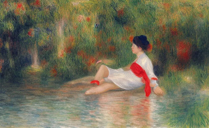 Prompt: rina playing with the water, wearing white cloths, and a red bow in her hair, sitting by the side of a creek, in the painting style of renoir, 8 k, detailed, rule of thirds