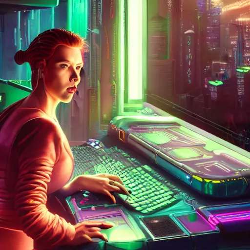 Prompt: cyberpunk scarlett johansson working on cyberpunk computer in cyberpunk farmers market by william barlowe and pascal blanche and tom bagshaw and elsa beskow and enki bilal and franklin booth, neon rainbow vivid colors smooth, liquid, curves, very fine high detail 3 5 mm lens photo 8 k resolution