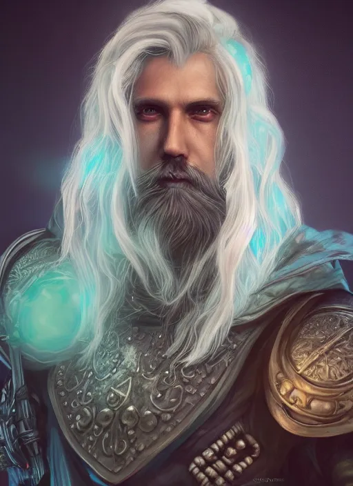 Image similar to an epic fantastic realism comic book style portrait painting of an aasimar warlock, male, shaggy silver hair, short brown beard, d & d concept art, unreal 5, daz, teal aesthetic, octane render, cosplay, rpg portrait, dynamic lighting