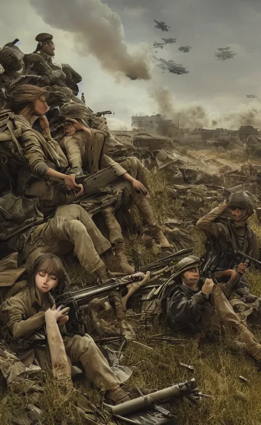 Image similar to modern warfare, panoramic view of girl under artillery fire, trench and sandbags in background, soldier clothing, hair down, symmetrical facial features, from arknights, wallpaper, trending pixiv, safebooru, volumetric modelling, think in 3 d, by alphonse mucha, greg rutkowski, sharp focus, backlit