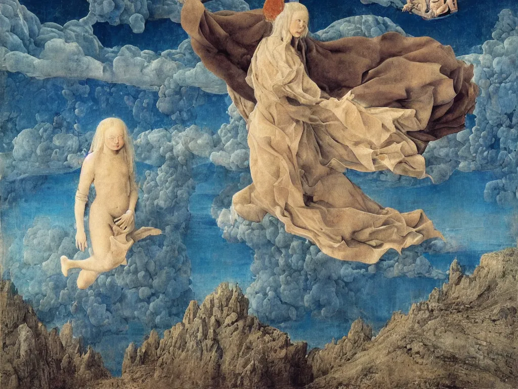 Image similar to Portrait of terrifying Blue star clad albino angel with nuclear explosion, dark, toxic smoke. Icy surreal mountains at night. Coral-like pebbles, autumn light. Painting by Jan van Eyck, Fra Filippo Lippi, Rene Magritte, Agnes Pelton, Max Ernst, Beksinski