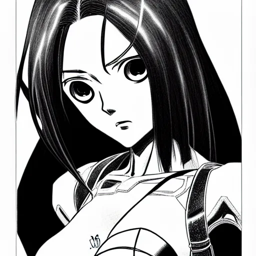 Image similar to alita by yukito kishiro. medium shot. black and white manga. pencil drawing.