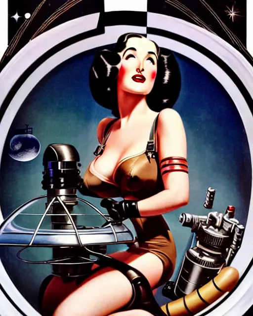 Prompt: retro space dita von teese varga girl posing on a space ship in dieselpunk city, windblown dark hair, retro pinup model, seductive, 1 9 4 0, hyper detailed, digital art, smooth, sharp focus, gil elvgren,