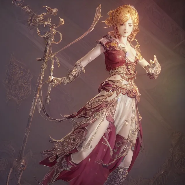 Image similar to studio portrait of neutral good colorful female cleric bard healer as absurdly beautiful, elegant, young skinny gravure idol, ultrafine photorealistic illustration by kim jung gi, irakli nadar, intricate linework, sharp focus, bright colors, octopath traveler, final fantasy, unreal engine highly rendered, global illumination, radiant light, intricate environment